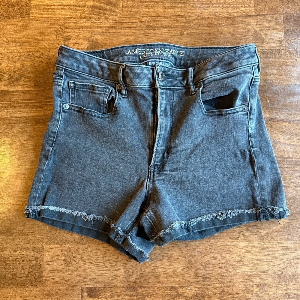 American Eagle Super Super Stretch X Hi-Rise Shortie Womens 10 Black Denim Short
